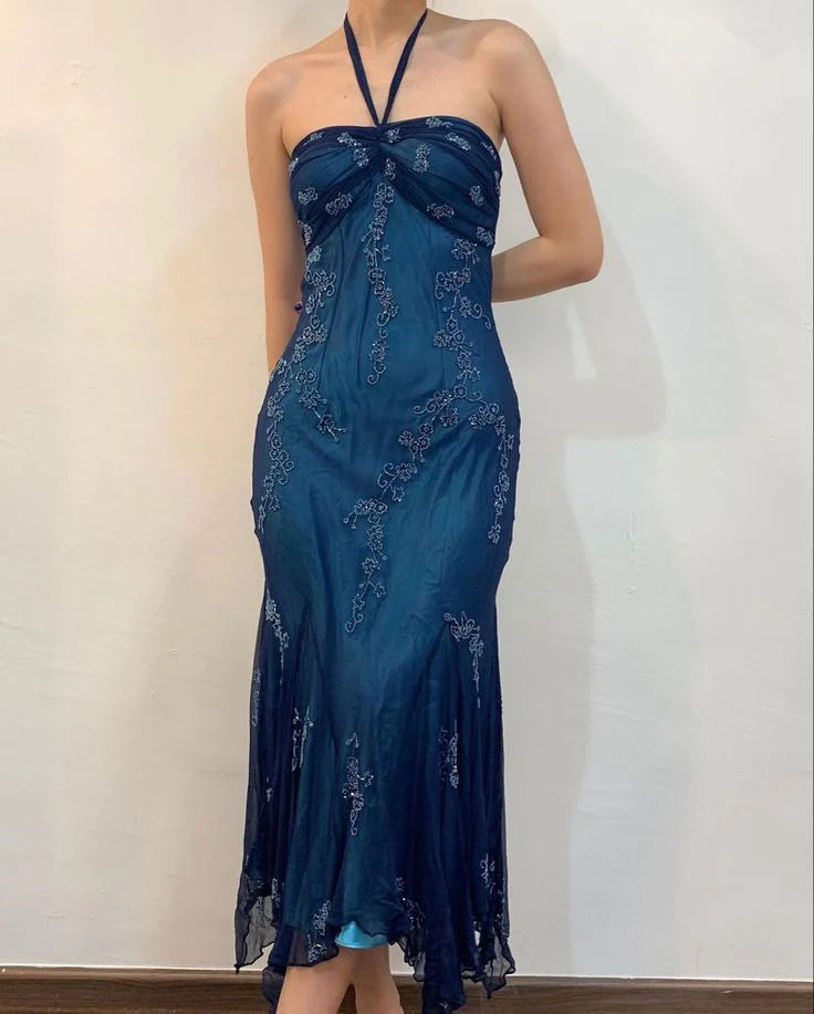 Dunkelblaues Meerjungfrau-Kleid mit Perlen, lang, Chiffon, formelles Abschlussball-Abendkleid, Hochzeitsgast-Partykleid, griechisches Neckholder-Kleid, gh3617b