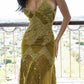 Robe de soirée longue en dentelle à bretelles spaghetti et perles vertes sexy sirène gh2995