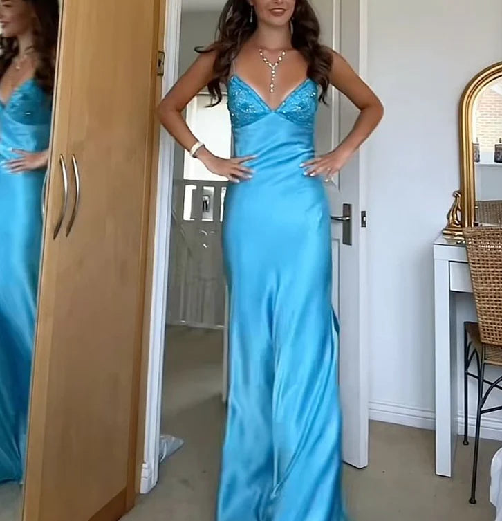 Blue Beaded Sequined Long Evening Gown Prom Dress Party Dress gh3040