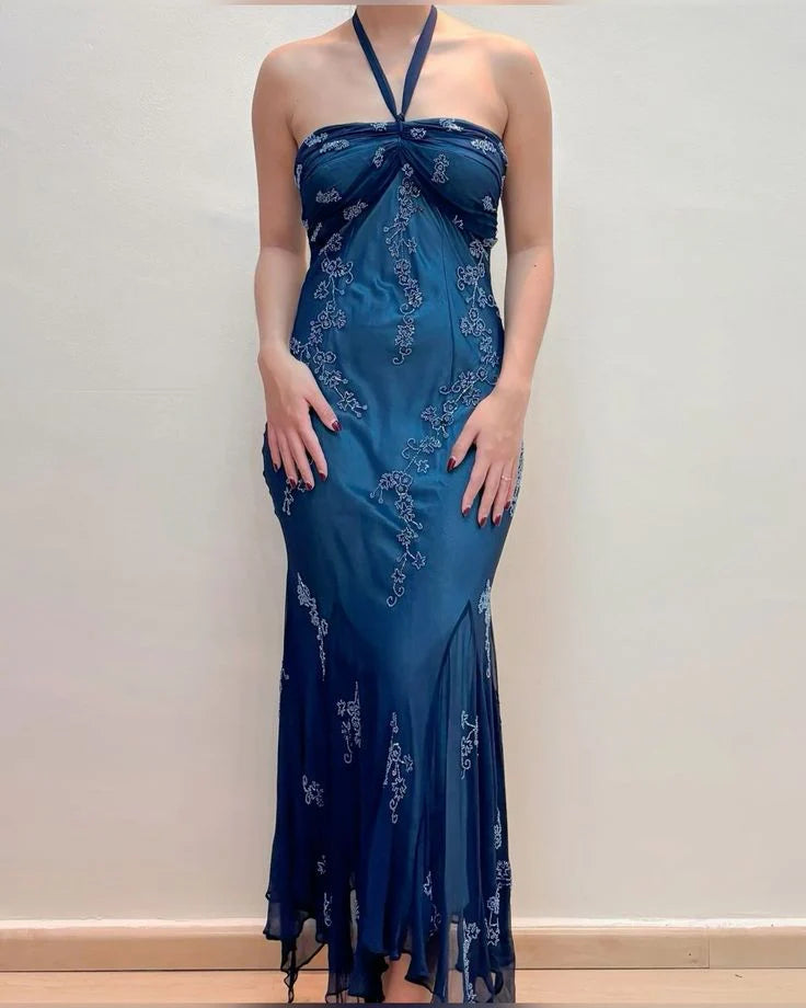 Dunkelblaues Meerjungfrau-Kleid mit Perlen, lang, Chiffon, formelles Abschlussball-Abendkleid, Hochzeitsgast-Partykleid, griechisches Neckholder-Kleid, gh3617b