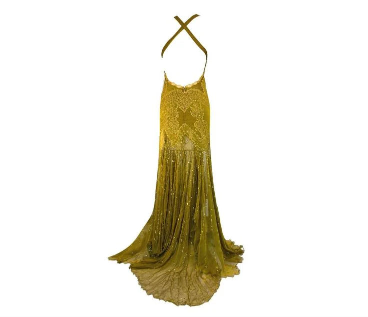 Robe de soirée longue en dentelle à bretelles spaghetti et perles vertes sexy sirène gh2995