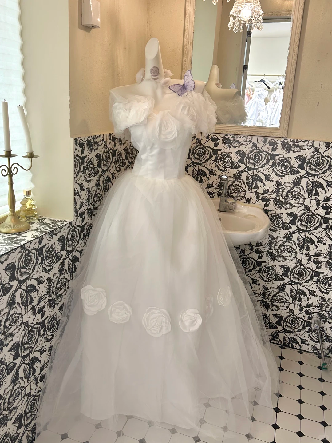 White Strapless Floral Waist-Cinched Voluminous Skirt Long Romantic Dress, Wedding Gown gh7766