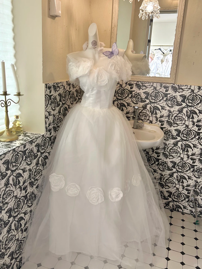 White Strapless Floral Waist-Cinched Voluminous Skirt Long Romantic Dress, Wedding Gown gh7766