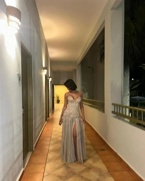 Champagne Color Sparkling Sweetheart Neck Elegant Long Slit Sequin Chiffon Ball Gown Evening Dress gh4185