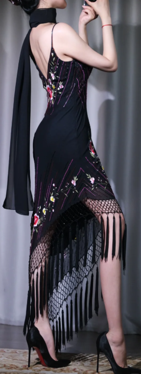 ✨Girlhomeshops-Black Floral Embroidery Beaded Fringe Midi Prom Gown Spaghetti Strap Asymmetric Cocktail Dress gh10105