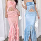 Robe longue en mousseline de soie à volants, motif floral bleu/rose, tenue de soirée, de voyage, de vacances, deux pièces, gh4770