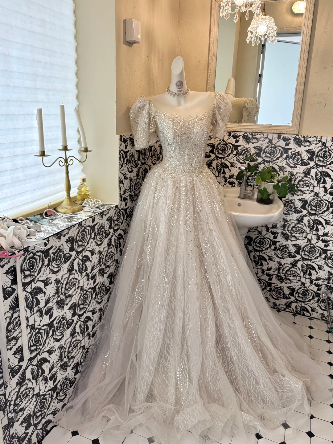 White Puff Sleeve Square Neck Waist-Cinched Full Flared Long Romantic Dress, Wedding Gown gh7678