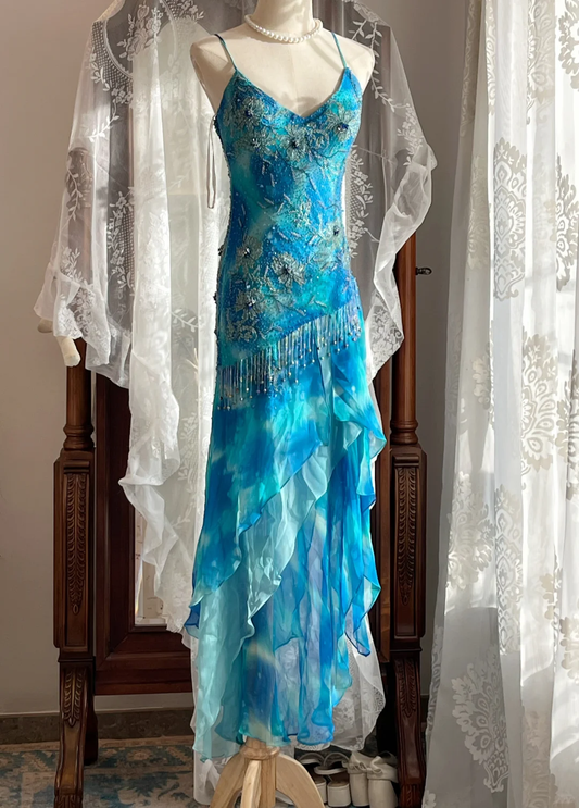 Blue Ombre Tie Dye Slip Evening Gown, V Neck Beaded Fr asymmetrical Ruffle Party Dress gh9353
