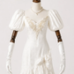 Ivory White Vintage French Wedding Dress, Puff Short Sleeve V‑Neck Lace Beaded Embroidery Fitted Bodice Satin Bow High‑Low Ruffle Bridal Gown gh9082