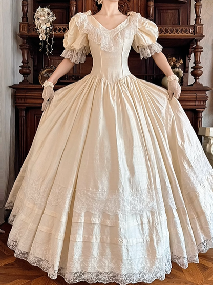 Off‑White Puff Sleeve Fitted Waist Vintage Palace‑Style Full Flared Skirt Long Prom Gown, Wedding Dress gh8607