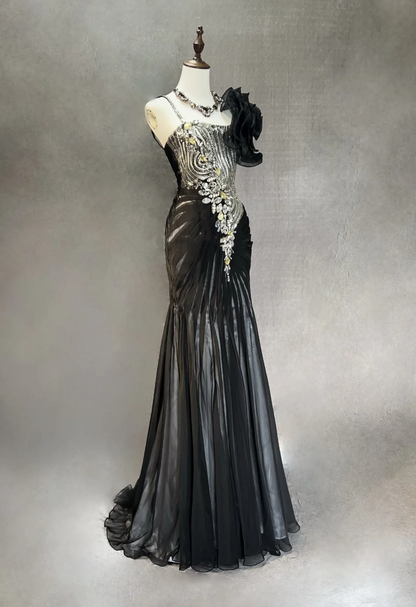 Square Neck Black Silver Mermaid Prom Dress Spaghetti Straps Rhinestone Beaded 3D Floral Formal Gown with Train gh9545