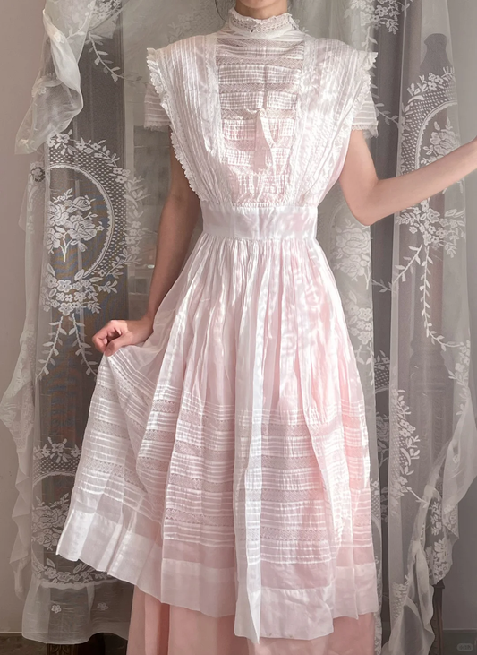 Light Pink Gradient Vintage Edwardian Long Gown, Lace Cap Sleeve A-Line Dress gh9309