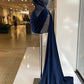 Blue satin shiny sequins fashion unique long and short prom dress evening dress gh3125