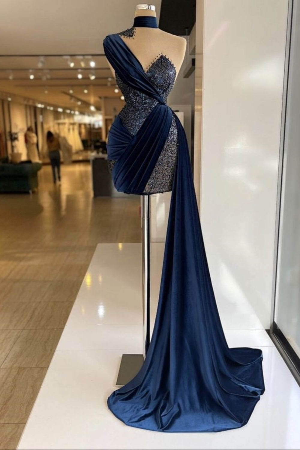 Blue satin shiny sequins fashion unique long and short prom dress evening dress gh3125