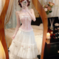 Pink‑White 2‑Piece Evening Gown, Strapless Lace Corset Top Tiered Ruffle Floral Tulle Skirt Prom Dress gh9140