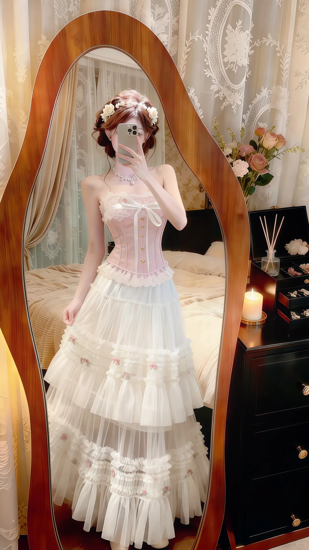 Pink‑White 2‑Piece Evening Gown, Strapless Lace Corset Top Tiered Ruffle Floral Tulle Skirt Prom Dress gh9140