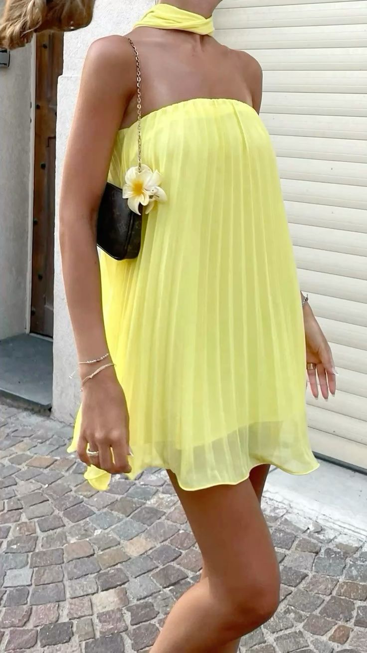 Robe de soirée courte en mousseline de soie, simple et à la mode, jaune, pour les vacances à la plage, les voyages, gh4882