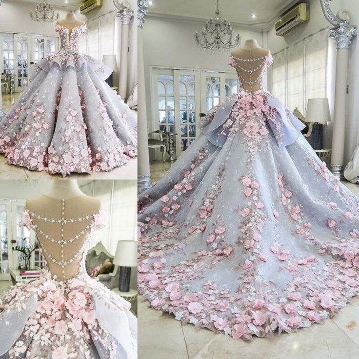 Pink Gorgeous Exquisite Floral Applique Long Tulle Ball Gown Evening Gown Wedding Dress gh3327