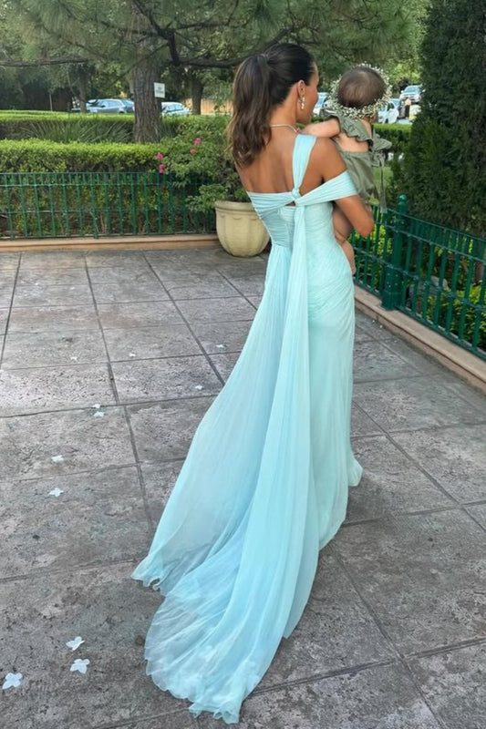 girlhomeshops-Blue Elegant Long Chiffon Bridesmaid Dress Wedding Guest Party Dress gh5948