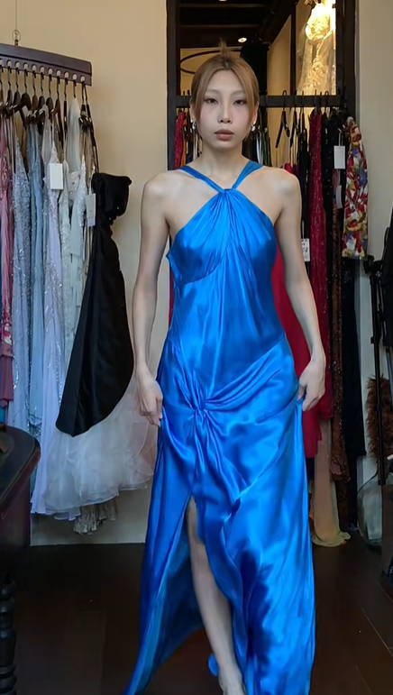 Royal Blue Halter Satin Prom Dress Twist Knot Waist Long Draped Formal Evening Gown gh9842