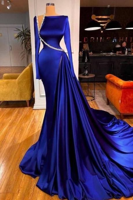 Blue gorgeous shiny long slit elegant floor-length ball gown evening dress party dress gh3232