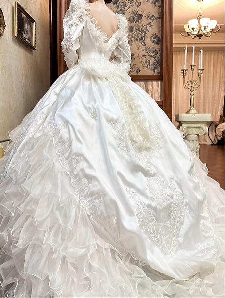 White Vintage Satin Ball Gown Wedding Prom Dress, V‑Neck, 3D Floral Shoulders, Leg‑of‑Mutton Long Sleeves, Multi‑Tier Ruffled Cake Skirt gh8685