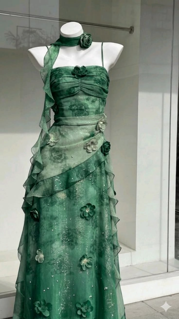 Dark Green Floral Spaghetti Straps Waist-Cinched Slim Sexy Evening Dress, Fairy Gown, Romantic Gown gh7429