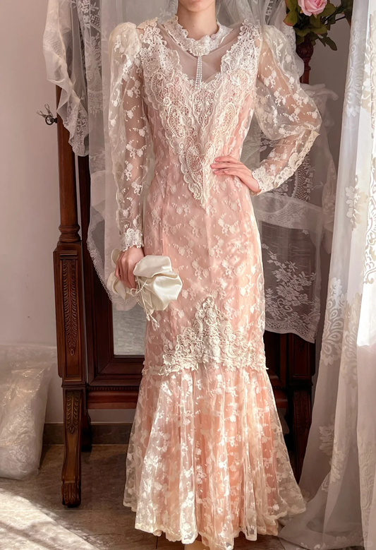 Dusty Pink Vintage Lace Mermaid Long Gown, Puff Long Sleeve Formal Dress gh9299
