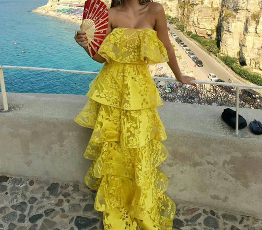 Yellow Unique Elegant Strapless Long Lace Layered Ball Gown Evening Dress gh3065