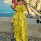 Yellow Unique Elegant Strapless Long Lace Layered Ball Gown Evening Dress gh3065