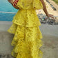 Robe de soirée longue en dentelle jaune élégante et unique sans bretelles gh3065