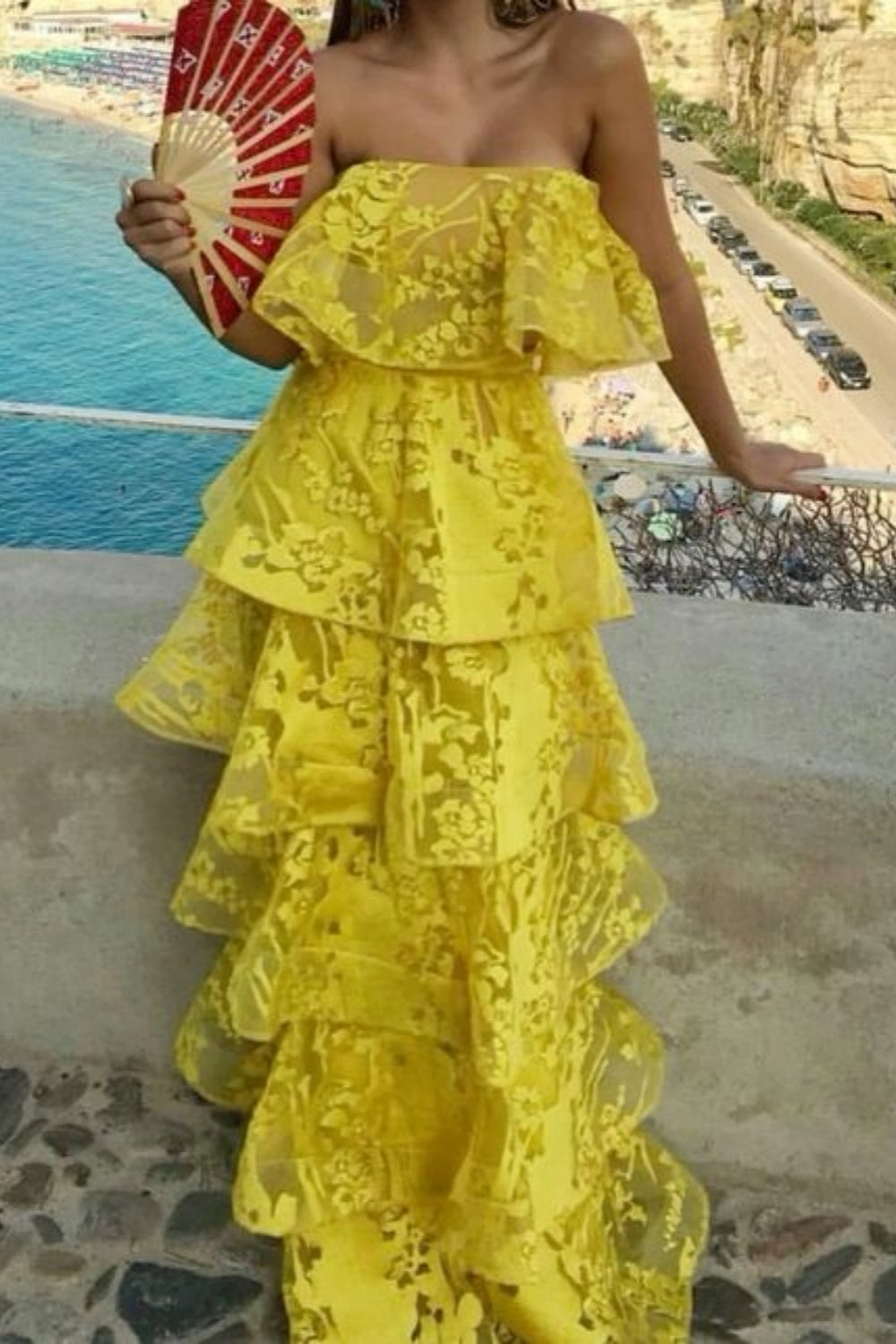 Robe de soirée longue en dentelle jaune élégante et unique sans bretelles gh3065
