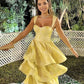 Yellow sweet elegant sleeveless ruffle floor length long tiered ball gown evening dress birthday party dress gh3034