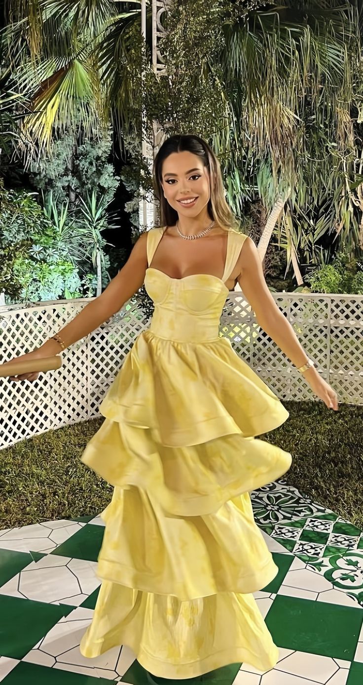 Yellow sweet elegant sleeveless ruffle floor length long tiered ball gown evening dress birthday party dress gh3034