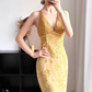 Gold‑Vintage‑Mermaid‑Gown Halter‑Deep‑V‑Beaded‑Bodice Golden‑Floral‑Embroidery‑Mesh Fitted‑Train‑Silhouette Open‑Back Luxurious‑Retro‑Prom‑Evening‑Dress gh8847