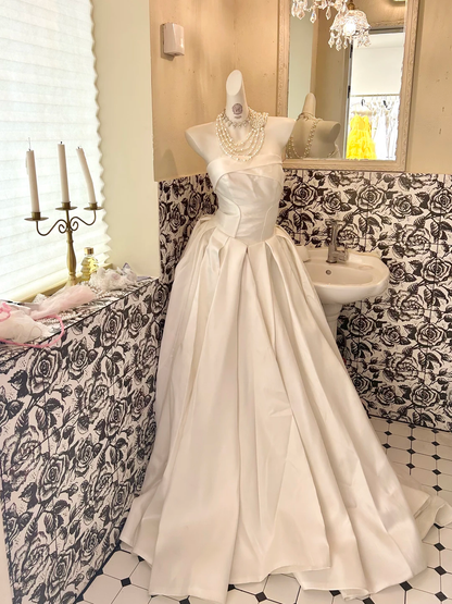 White Satin Strapless Cinched Waist Full Flared Skirt Long Elegant Romantic Dress, Wedding Gown gh7814