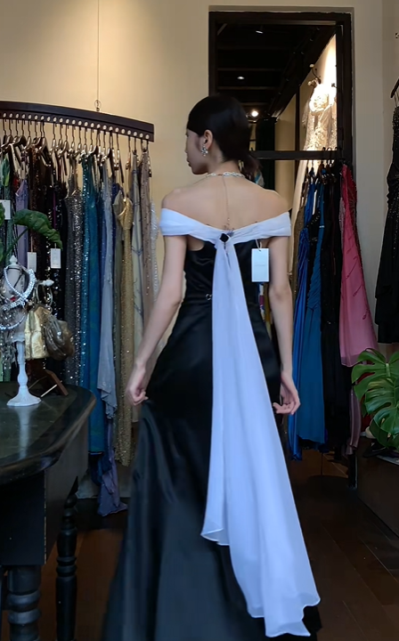 Black White Off Shoulder Long Formal Gown Satin Mermaid Evening Dress gh9645