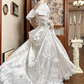 White Vintage Satin Wedding Gown, High Neck Tassel Lace Collar, Off‑the‑Shoulder Puff Sleeves With Sheer Lace Long Sleeves, Sweetheart Neck, Heavy Lace Appliqués Fitted Bodice, A‑Line Satin Long Train With Scalloped Lace Hem, Prom Dress gh8663