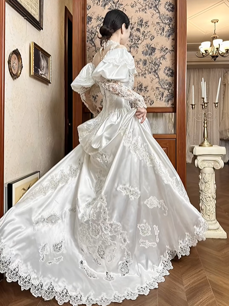 White Vintage Satin Wedding Gown, High Neck Tassel Lace Collar, Off‑the‑Shoulder Puff Sleeves With Sheer Lace Long Sleeves, Sweetheart Neck, Heavy Lace Appliqués Fitted Bodice, A‑Line Satin Long Train With Scalloped Lace Hem, Prom Dress gh8663