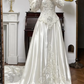 Ivory Vintage Satin Wedding Gown, V‑Neck, Vintage Leg‑of‑Mutton Puff Long Sleeves, Exquisite Lace Appliqués Fitted Waist, Satin Full‑Skirt With Long Train, Lace Trim On Hem, Bridal Prom Dress gh8758