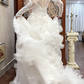 Ivory Vintage Tulle Ball Gown Wedding Prom Dress, Lace High Neck Illusion Sweetheart, Leg‑of‑Mutton Lace 3/4 Sleeves, Pearl Lace Appliqués, Lace Ruffled Long Train gh8691