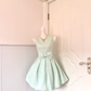 Women Mint Green Homecoming Dress, Sleeveless Round Neck Circle‑Pattern Jacquard Fabric Large Waist Bow Pleated Flared A‑Line Mini Party Dress gh9210
