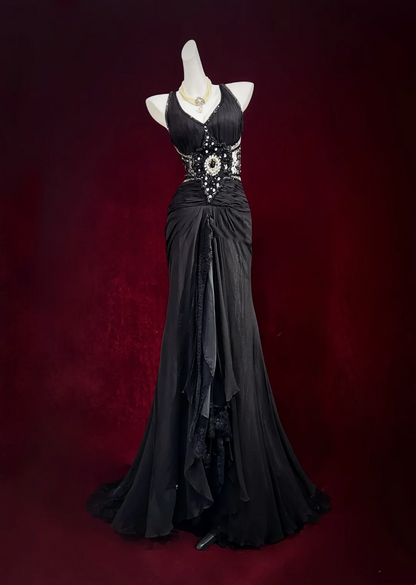 ✨Girlhomeshops-Black Halter Beaded Mermaid Gown Chiffon Lace Gatsby Style gh10148