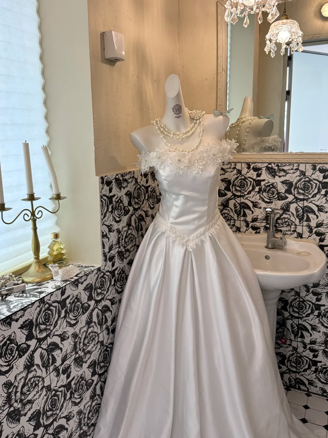 White Satin Strapless Floral Embroidered Waist-Cinched Draped Long Romantic Dress, Wedding Gown gh7596