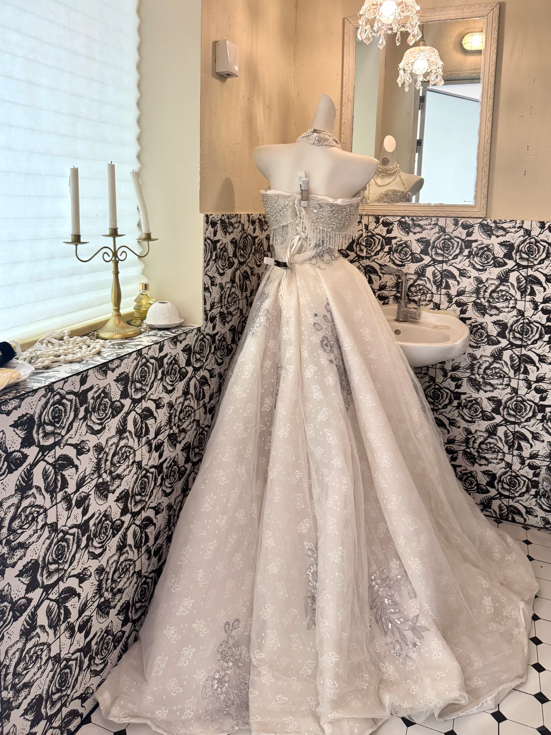 Ivory Strapless Tassel Silver Beaded Waist-Cinched Fitted Full Flared Romantic Dress, Wedding Gown gh7516
