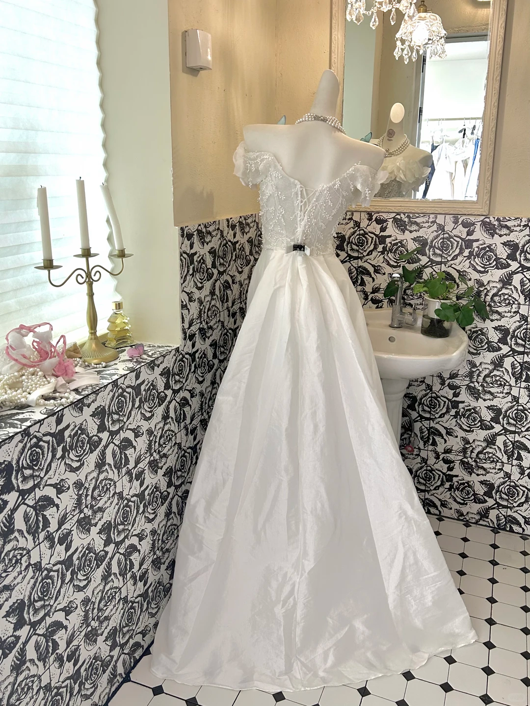 White Off Shoulder Lace Trim Neck Waist-Cinched Slit Sexy Romantic Dress, Wedding Gown gh7675