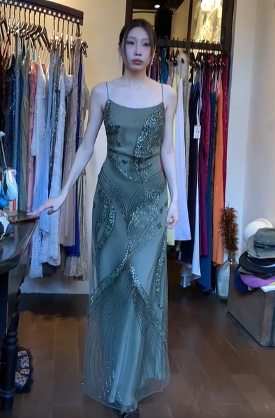 Olive Green Spaghetti Strap Square Neck Hand Beaded Sequin Mermaid Long Evening Prom Dress gh9786