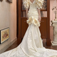 Cream Vintage Satin Mermaid Wedding Prom Dress, Halter Pearl Straps, 3D Petal Sleeves, 3D Flowers Bows Lace Long Train gh8706