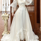 Ivory Vintage Lace Tulle A‑Line Wedding Prom Dress, Mock Two‑Piece Lace High Neck, Puff Outer Sleeves Lace Inner Sleeves, Lace Beaded Long Train gh8704