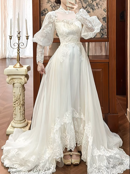 Ivory Vintage Lace Tulle A‑Line Wedding Prom Dress, Mock Two‑Piece Lace High Neck, Puff Outer Sleeves Lace Inner Sleeves, Lace Beaded Long Train gh8704